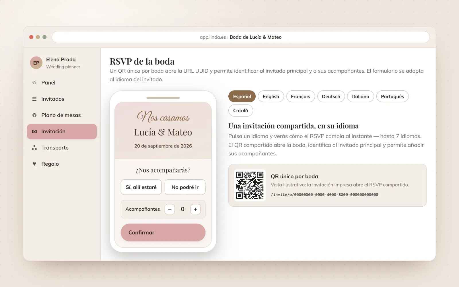 Pantalla de invitación de la demo de LINDA, con el formulario de confirmación en un móvil, el selector de idioma y el código QR de la boda. Datos ficticios.