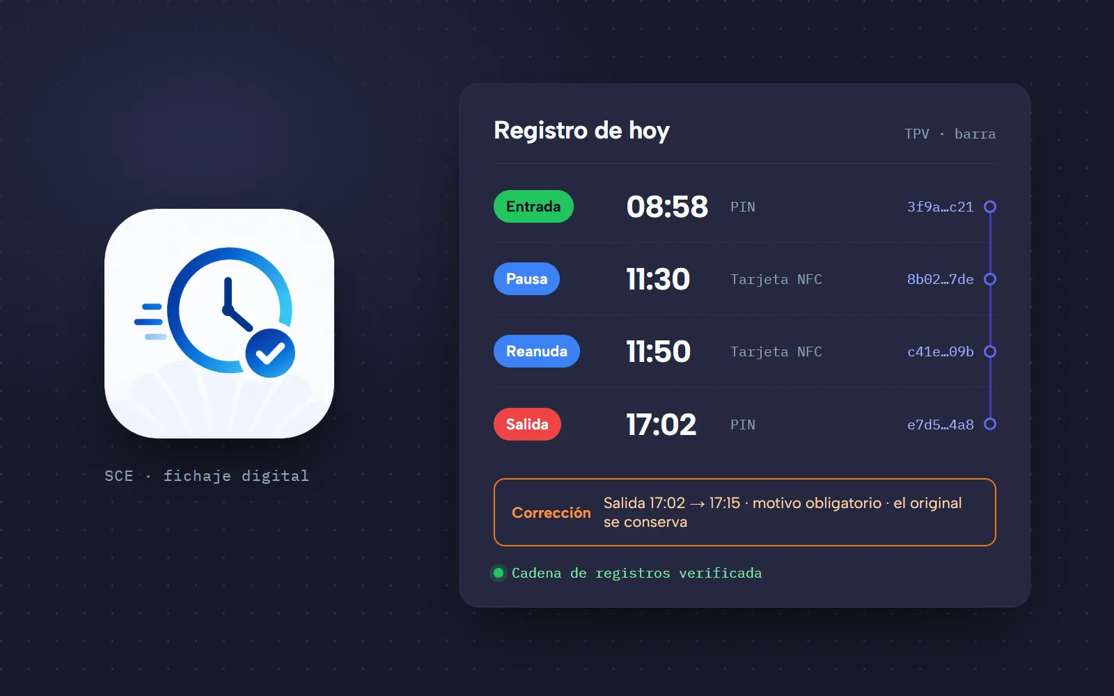 Ilustración de SCE con el icono de la aplicación y un registro de jornada con entrada, pausa, reanudación, salida y una corrección.